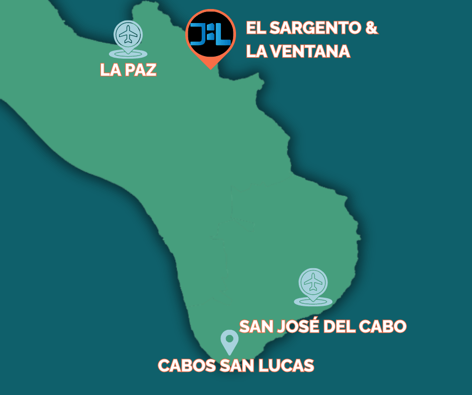 Mapa mostrando la ubicación de El Sargento en relación con los aeropuertos de La Paz y San José del Cabo